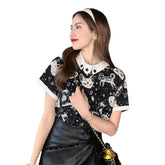 Black Cosmic Cat Neck Blouse